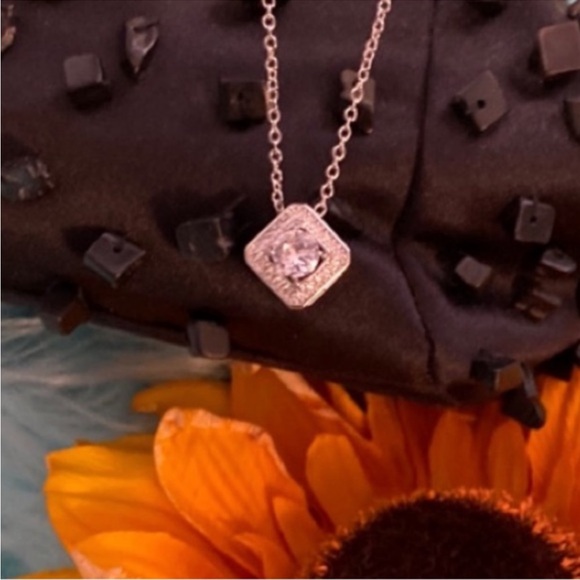 Diamond Solitaire Simulate & Micro Pave  Encased Necklace Silver Chain NEW - Picture 2 of 7